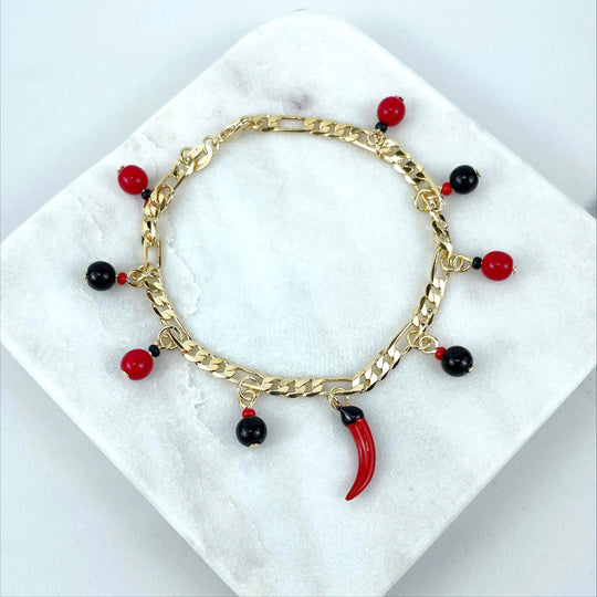 18k Gold Filled Figaro Black & Red Beads Red Chili Charm Bracelet