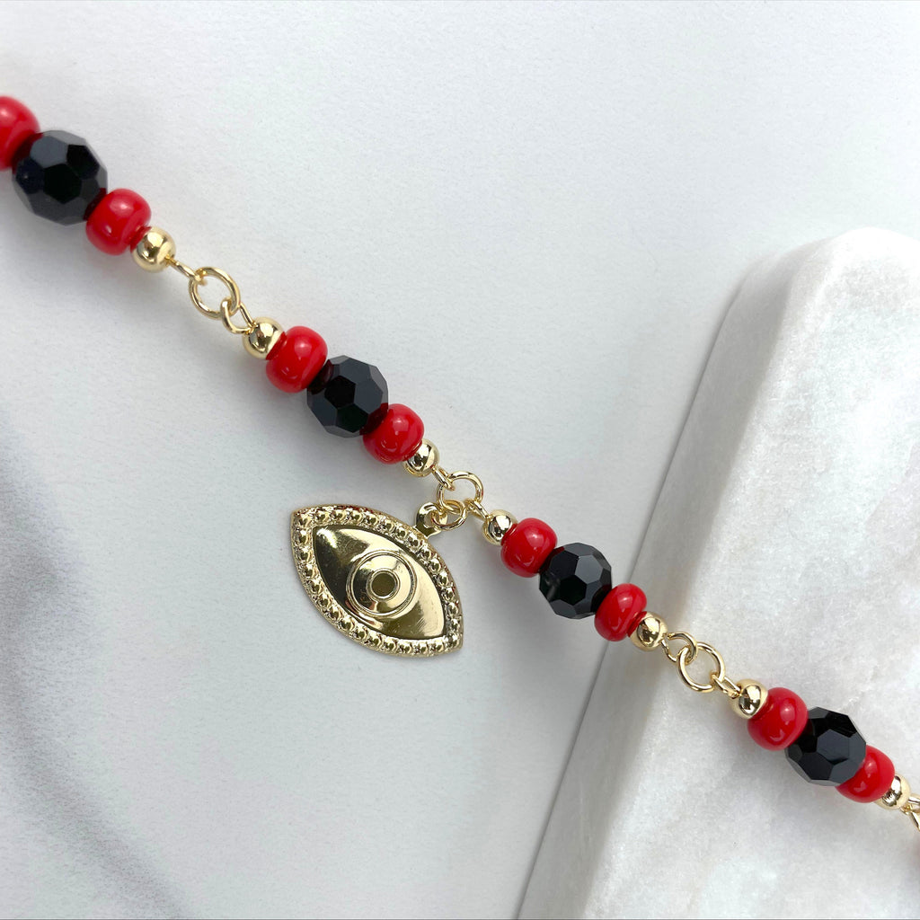 18k Gold Filled Black & Red Evil Eye Charm Beaded Bracelet