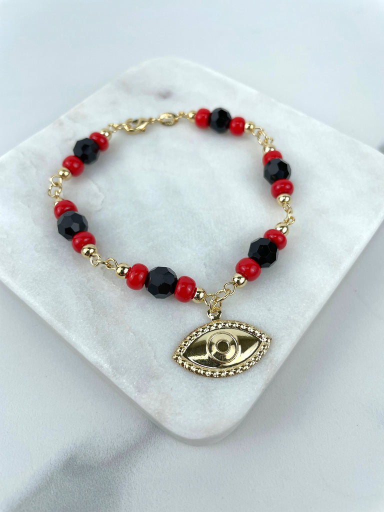 18k Gold Filled Black & Red Evil Eye Charm Beaded Bracelet
