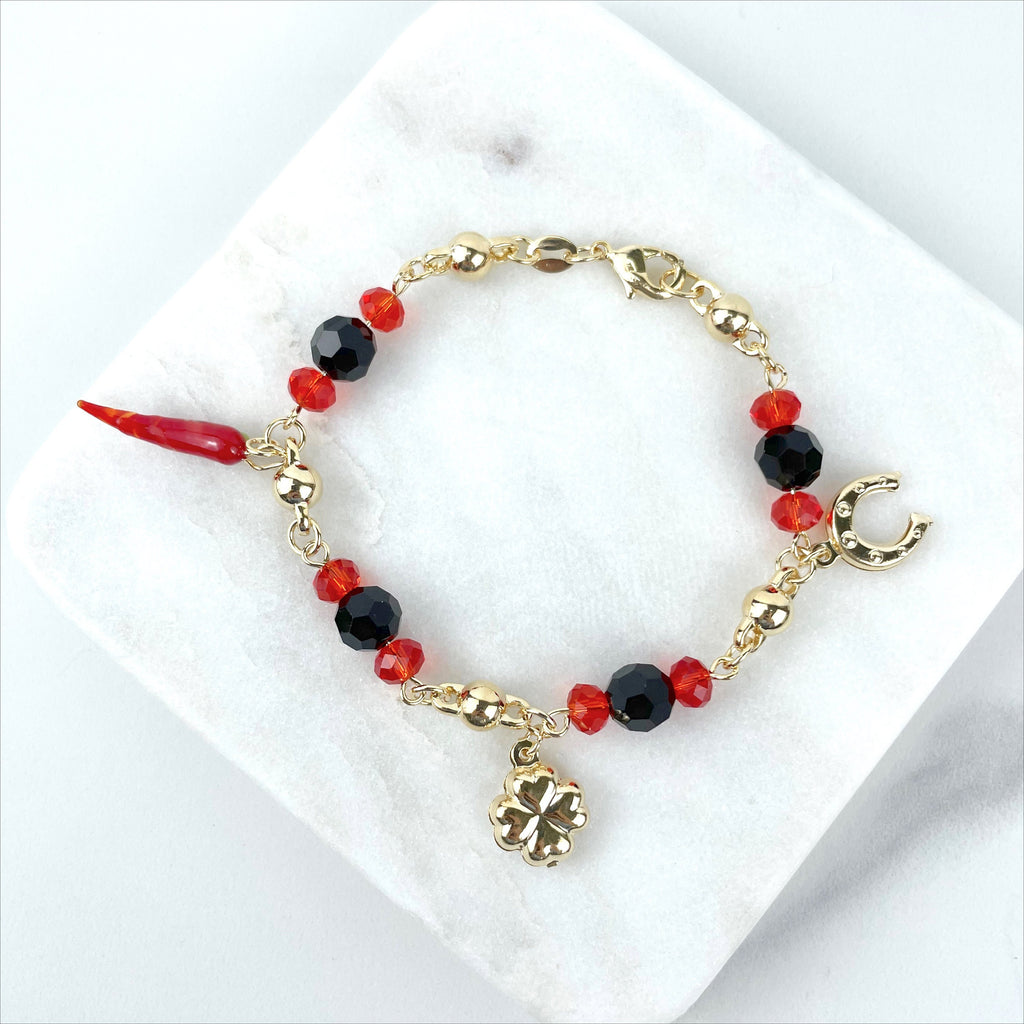 18k Gold Filled Black & Red Simulated Azabache Charms Beaded Bracelet
