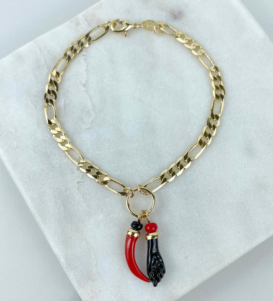 18k Gold Filled Figaro Link Figa Hand & Chilli Charms Bracelet