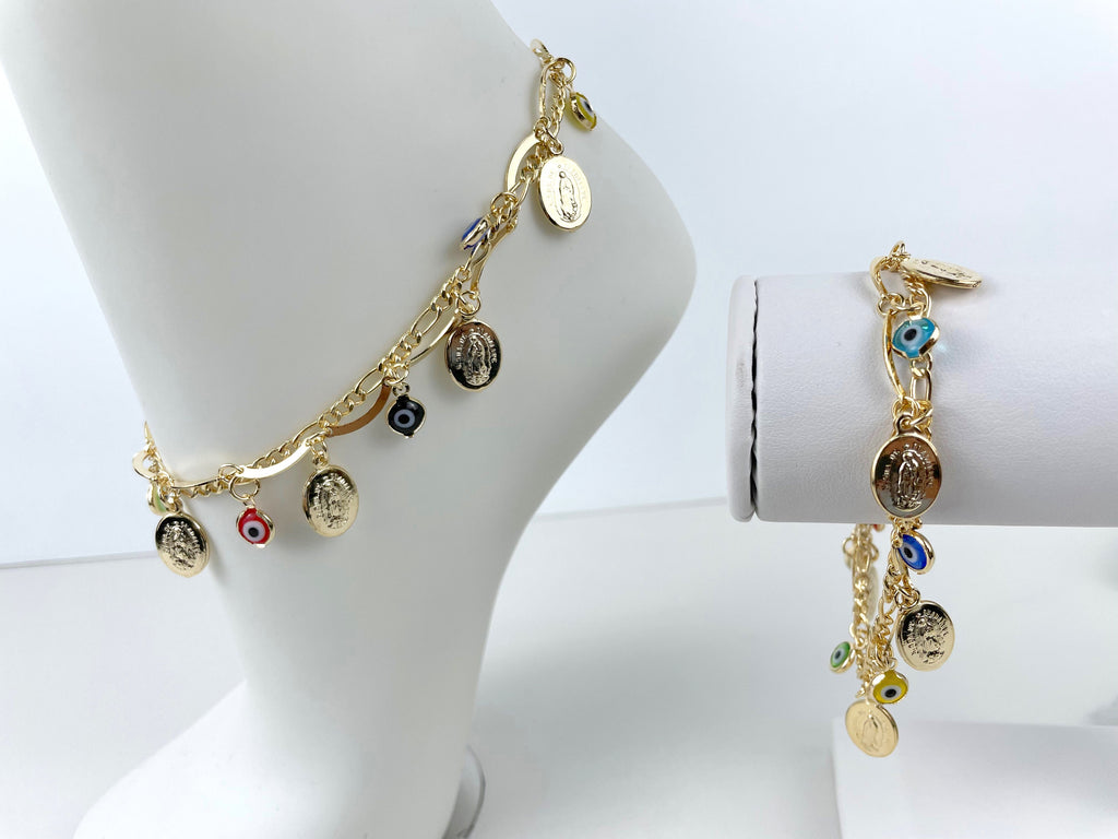 18k Gold Filled Double Chain Evil Eye and Guadalupe Charm Anklet