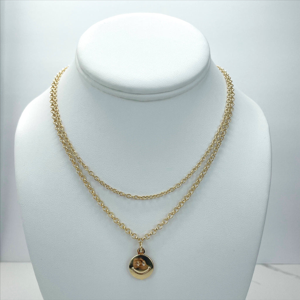 18k Gold Filled Double Chain Happy Face Necklace