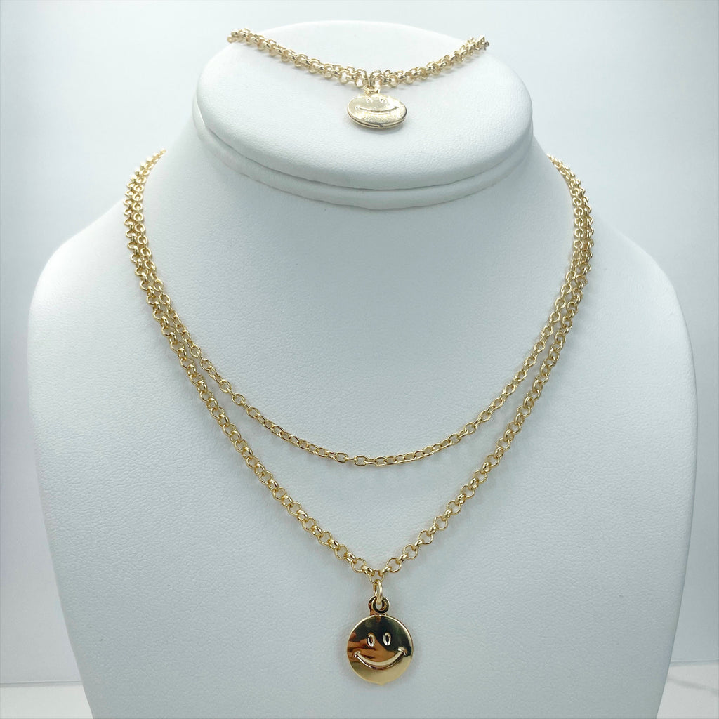 18k Gold Filled Double Chain Happy Face Necklace or Bracelet