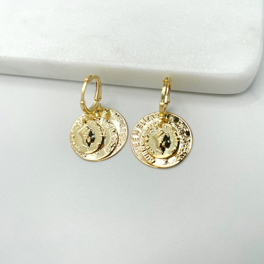 18k Gold Filled Queen Elizabeth Three Layers Coins Leverback Earrings
