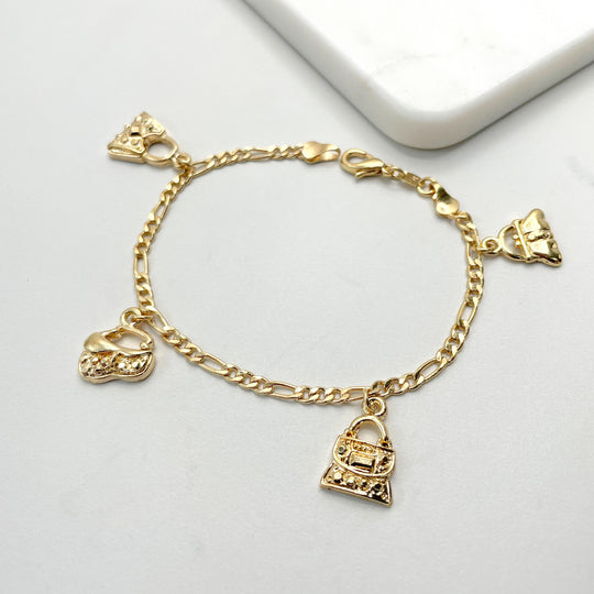 18k Gold Filled Figaro Bags Charms Bracelet