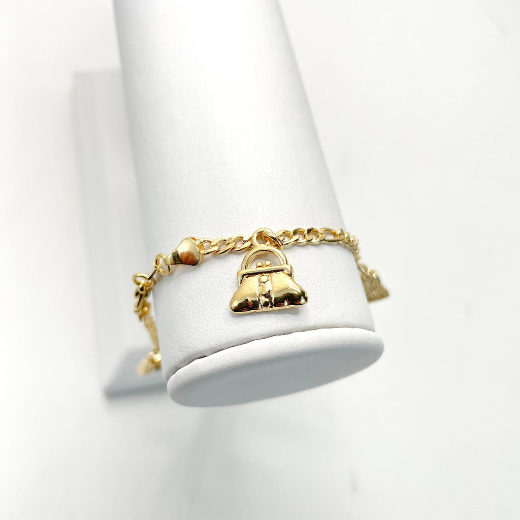18k Gold Filled Figaro Bags Charms Bracelet