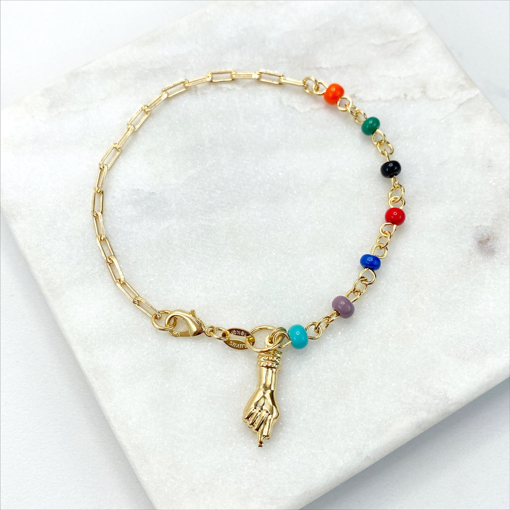 18k Gold Filled Paper Clip with Charms Colored Beads Bracelet