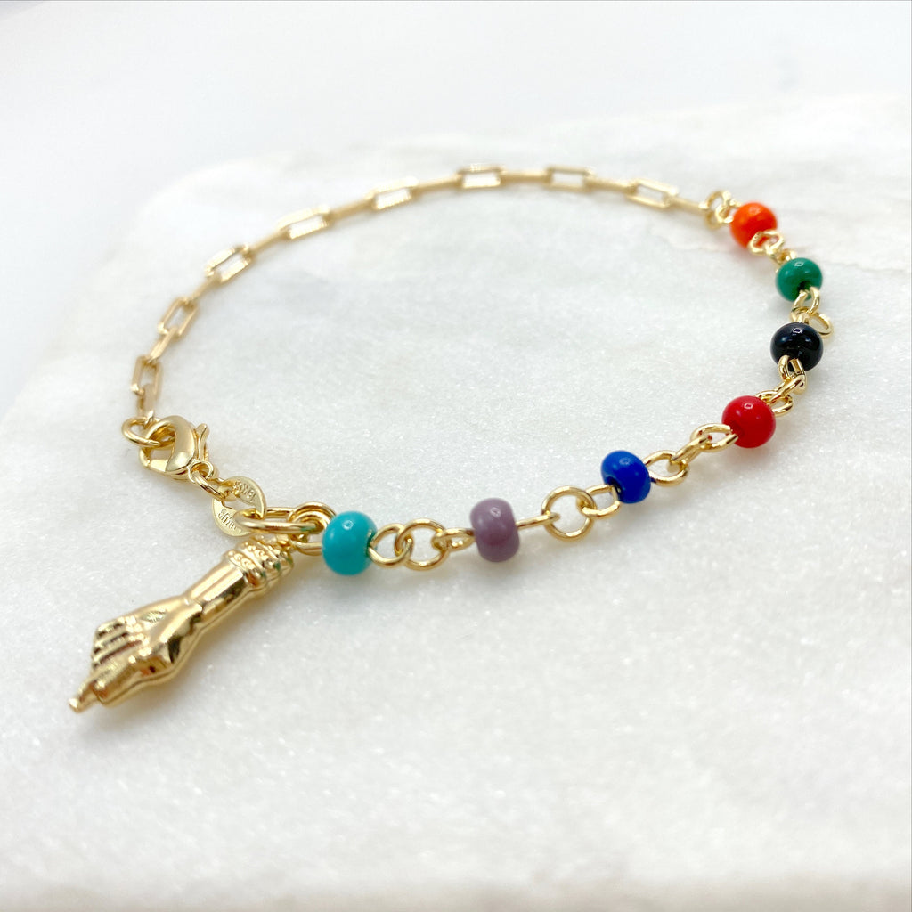 18k Gold Filled Paper Clip with Charms Colored Beads Bracelet