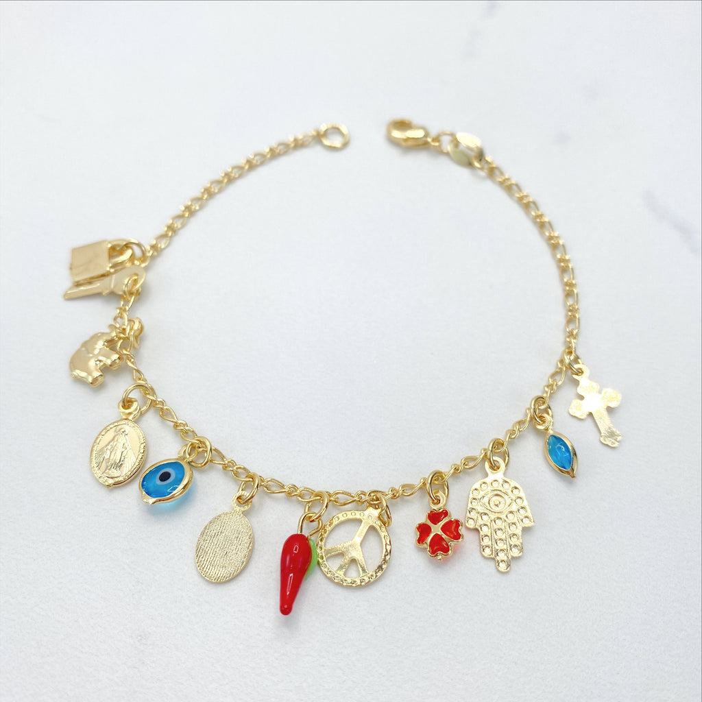 18k Gold Filled Figaro Chain with Charms Bracelet