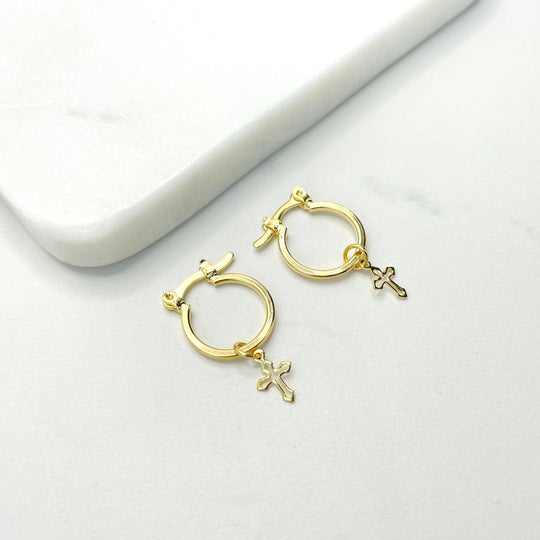 18k Gold Filled Dangle Cross Charms Hoop Earrings