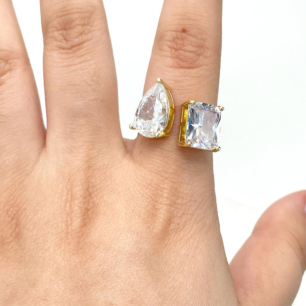 18k Gold Filled White Cubic Zirconia Adjustable Square & Drop Ring