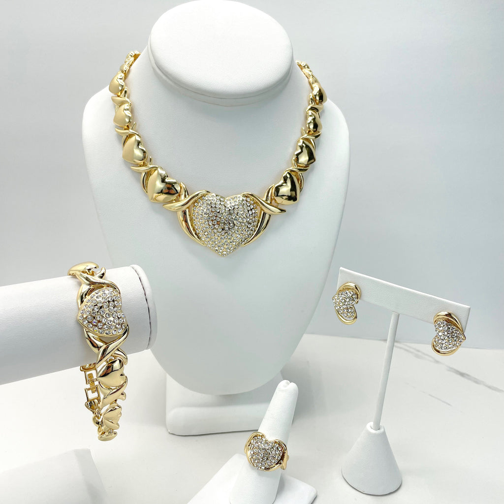 18k Gold Filled CZ Heart Charm Hug & Kisses XoXo Design Set 04 Pieces