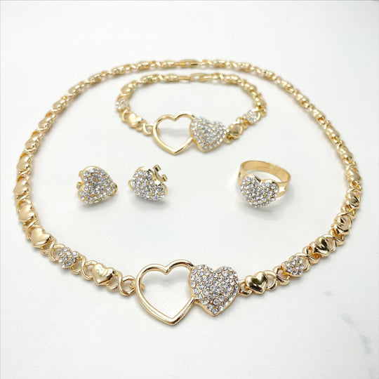 18k Gold Filled Hearts Cubic Zirconia Hug & Kisses XoXo Design 04 Pieces Set