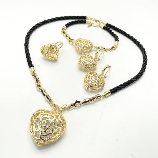 18k Gold Filled Black Satin Rope Chain with Puffy Heart 04 Pieces Set