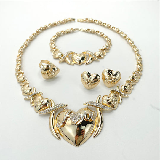 18k Gold Filled I Love You Heart CZ Hug & Kisses XoXo Design 04 Pieces Set