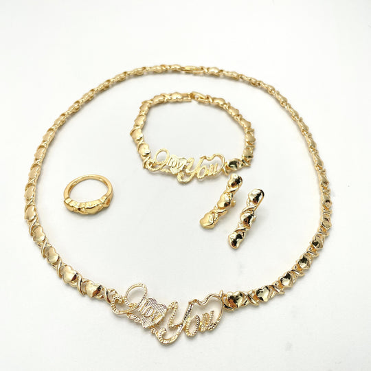 18k Gold Filled CZ I Love You Hug Word Hug & Kisses XoXo Design 04 Pieces Set