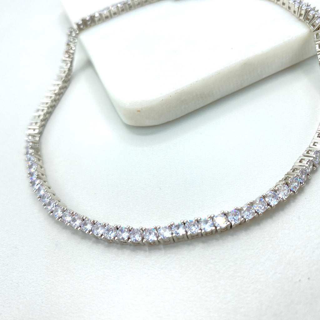 Silver Filled Cubic Zirconia Linked Chain Anklet