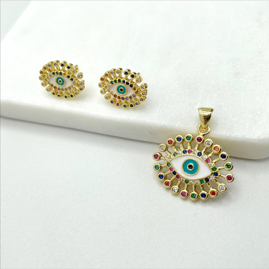 18k Gold Filled Multicolor Micro CZ and White Enamel Evil Eye Set