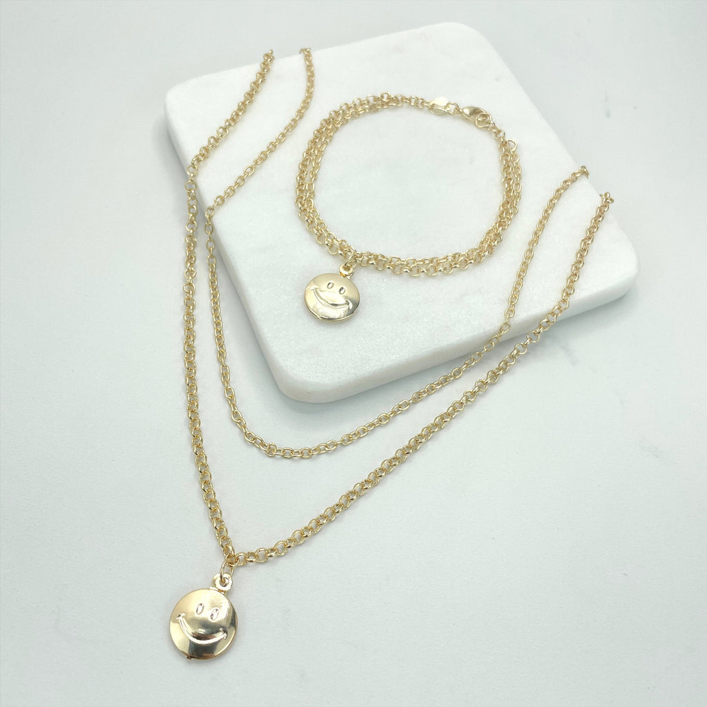 18k Gold Filled Double Chain Happy Face Necklace or Bracelet