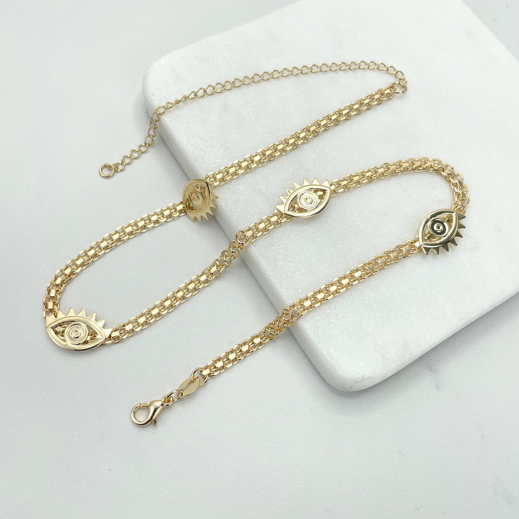 18k Gold Filled Evil Eyes Necklace or Bracelet Set