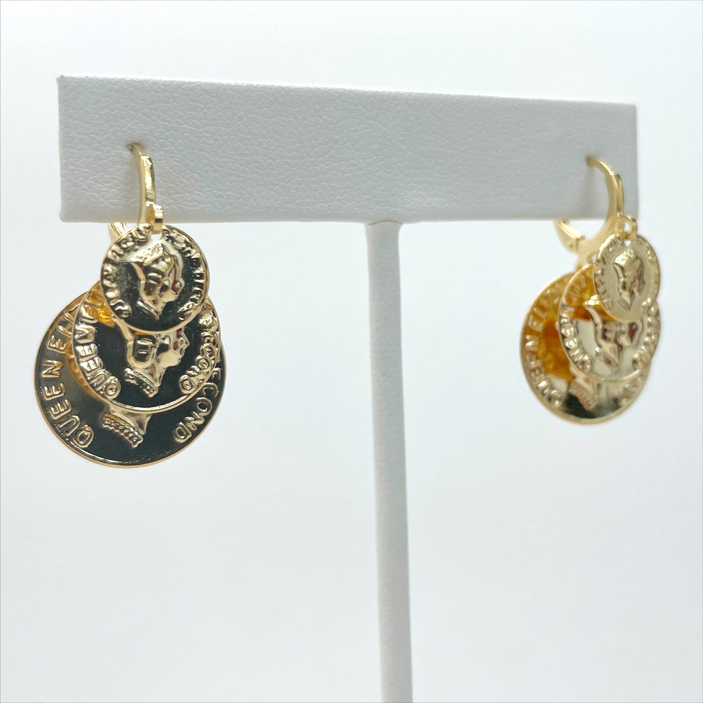 18k Gold Filled Queen Elizabeth Three Layers Coins Leverback Earrings