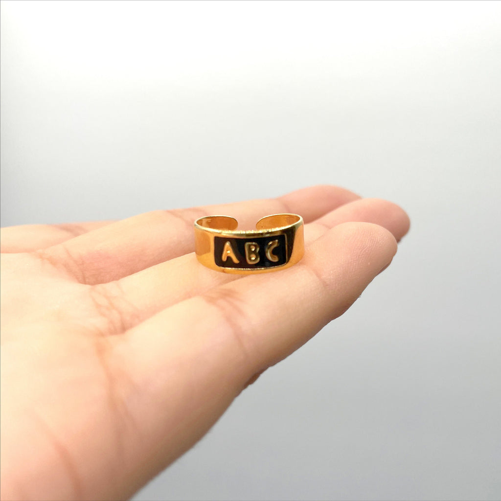 18k Gold Filled Black Enamel ABC Letters Adjustable Kids Ring