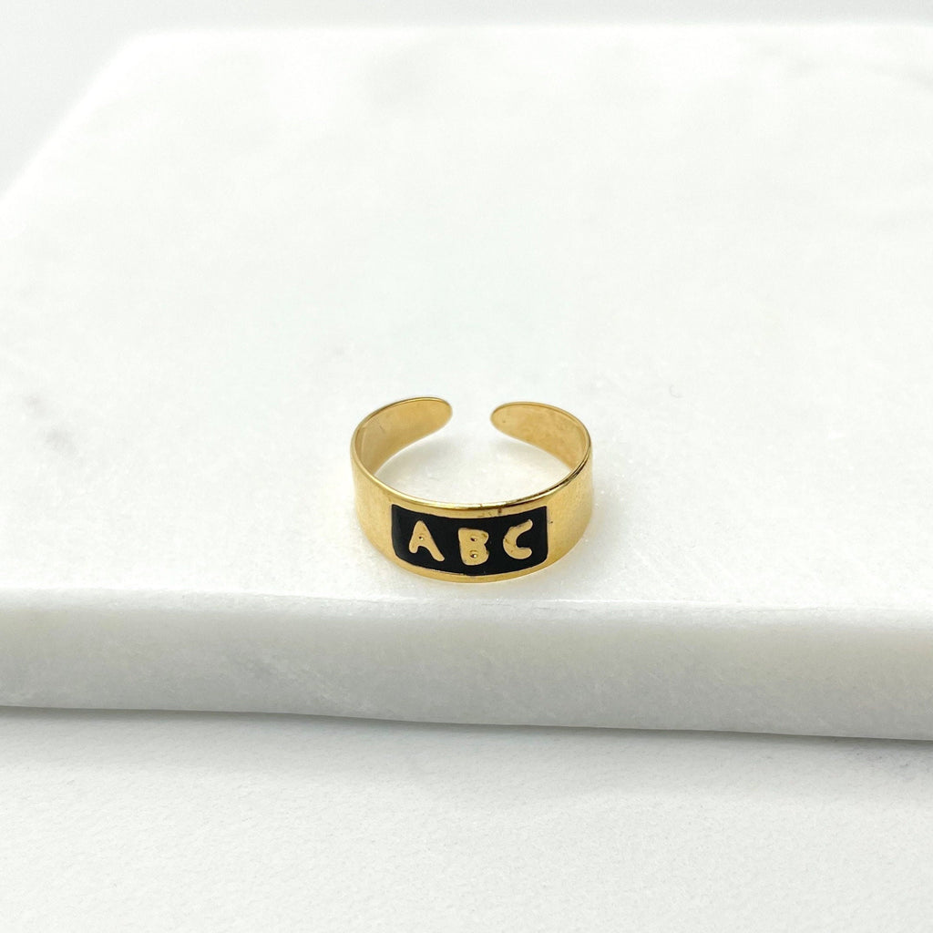 18k Gold Filled Black Enamel ABC Letters Adjustable Kids Ring