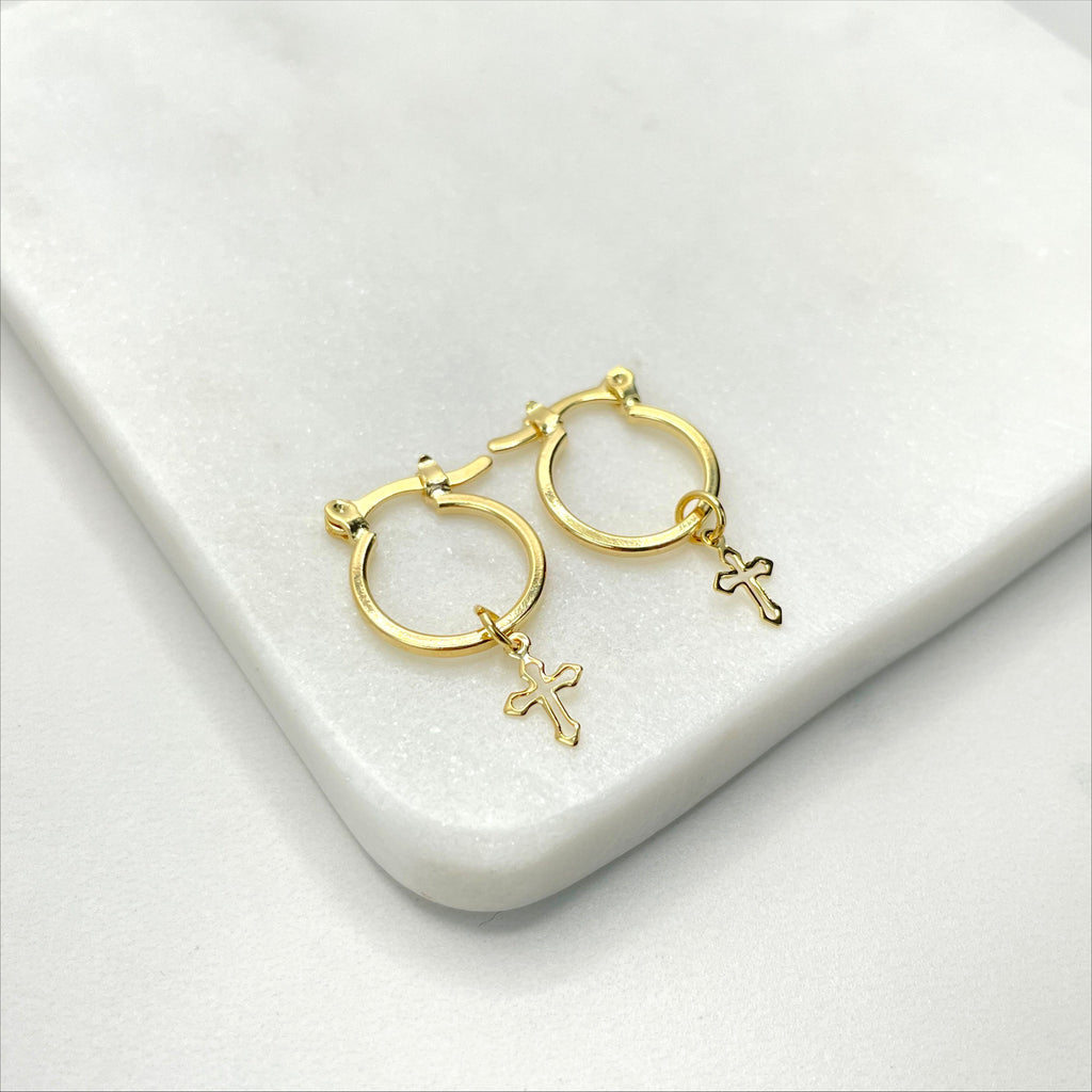 18k Gold Filled Dangle Cross Charms Hoop Earrings
