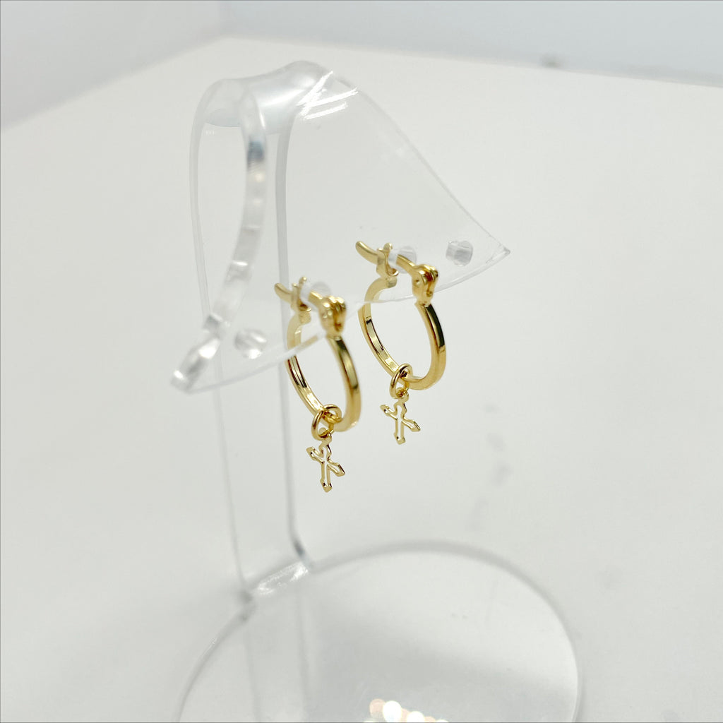 18k Gold Filled Dangle Cross Charms Hoop Earrings