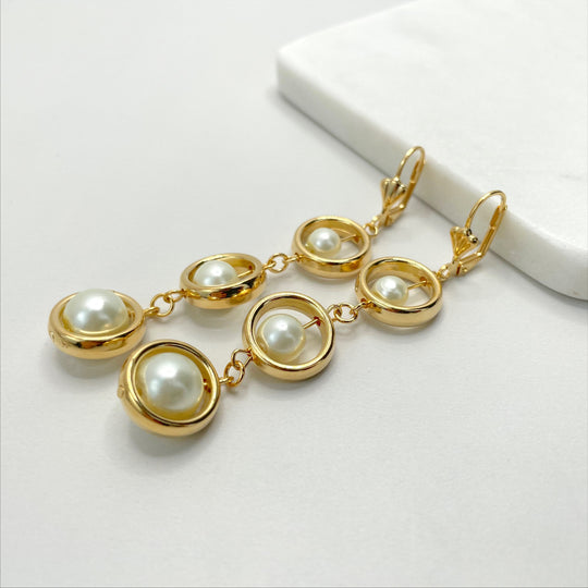 18k Gold Filled Simulated Pearls Balls Dangle Drop Earrings