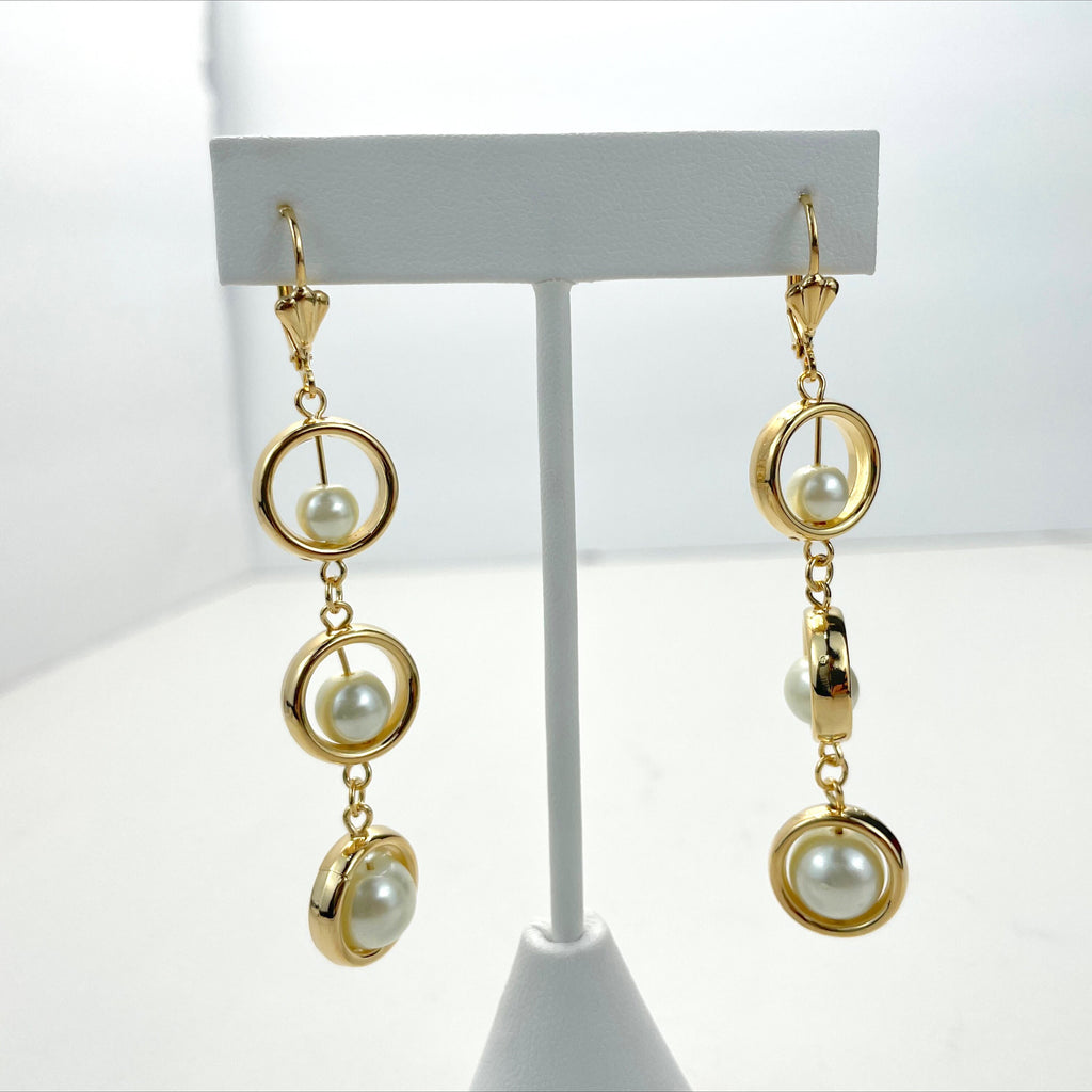 18k Gold Filled Simulated Pearls Balls Dangle Drop Earrings