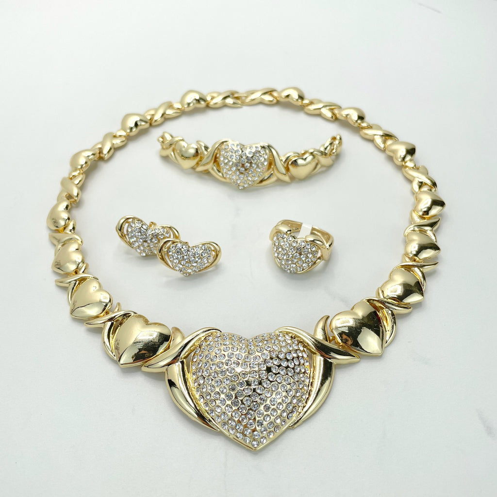 18k Gold Filled CZ Heart Charm Hug & Kisses XoXo Design Set 04 Pieces
