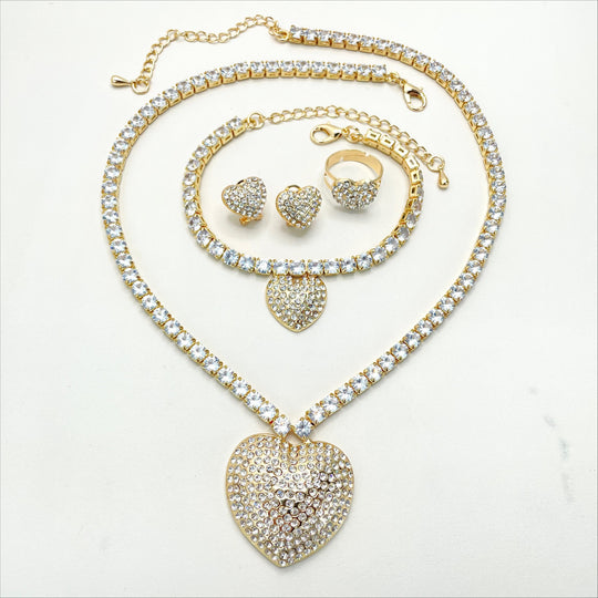 18k Gold Filled Cubic Zirconia Heart Hug & Kisses Xoxo Design 04 Pieces Set