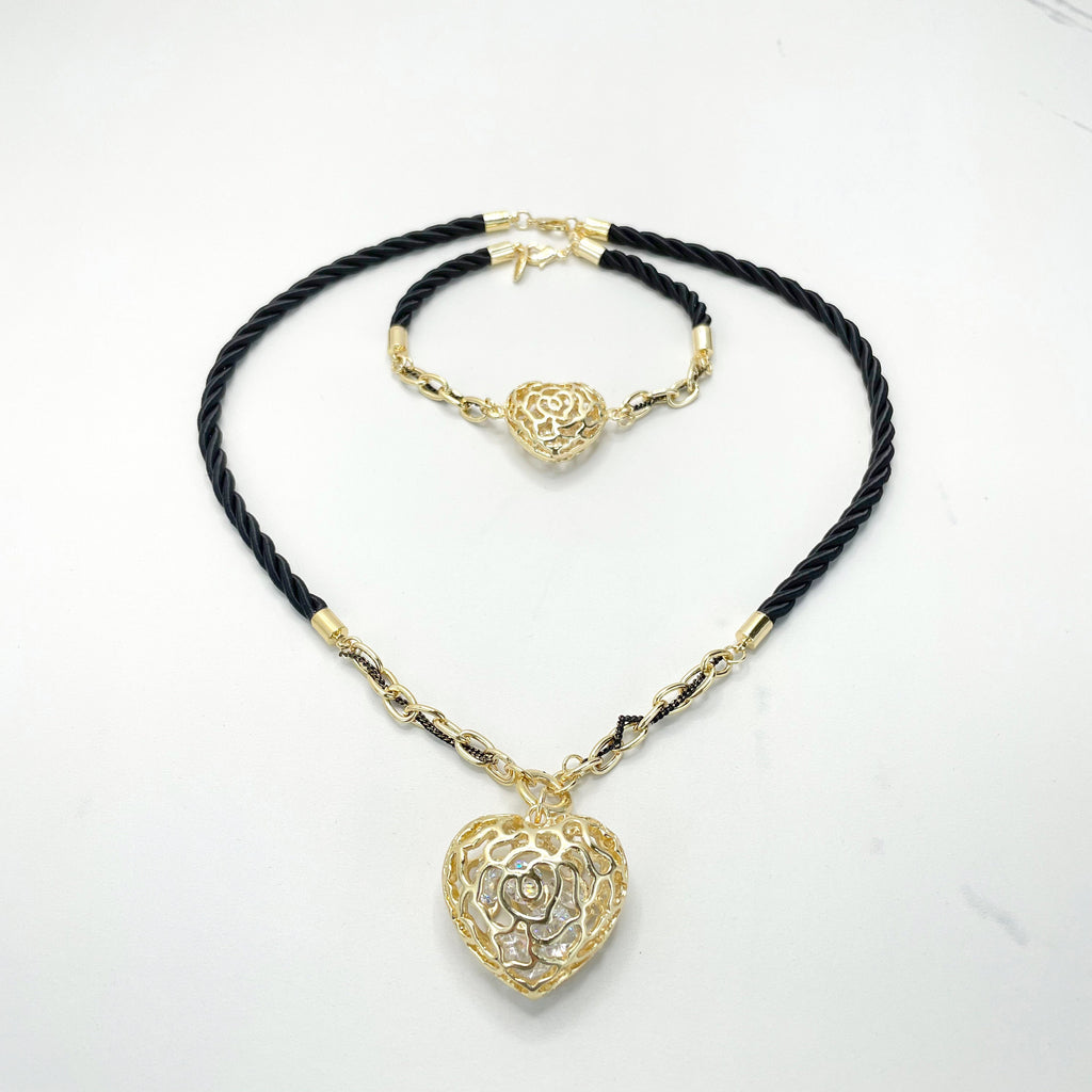18k Gold Filled Black Satin Rope Chain with Puffy Heart 04 Pieces Set