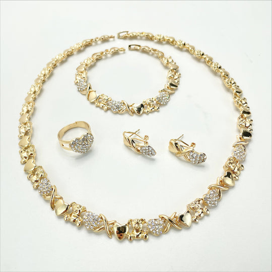 18k Gold Filled CZ Bears Shape, Hug & Kisses XoXo Design, 04 Pieces Set