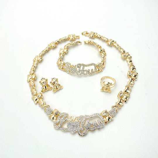 18k Gold Filled CZ I Love You and Bears, Hug & Kisses XoXo Design 04 Pieces Set